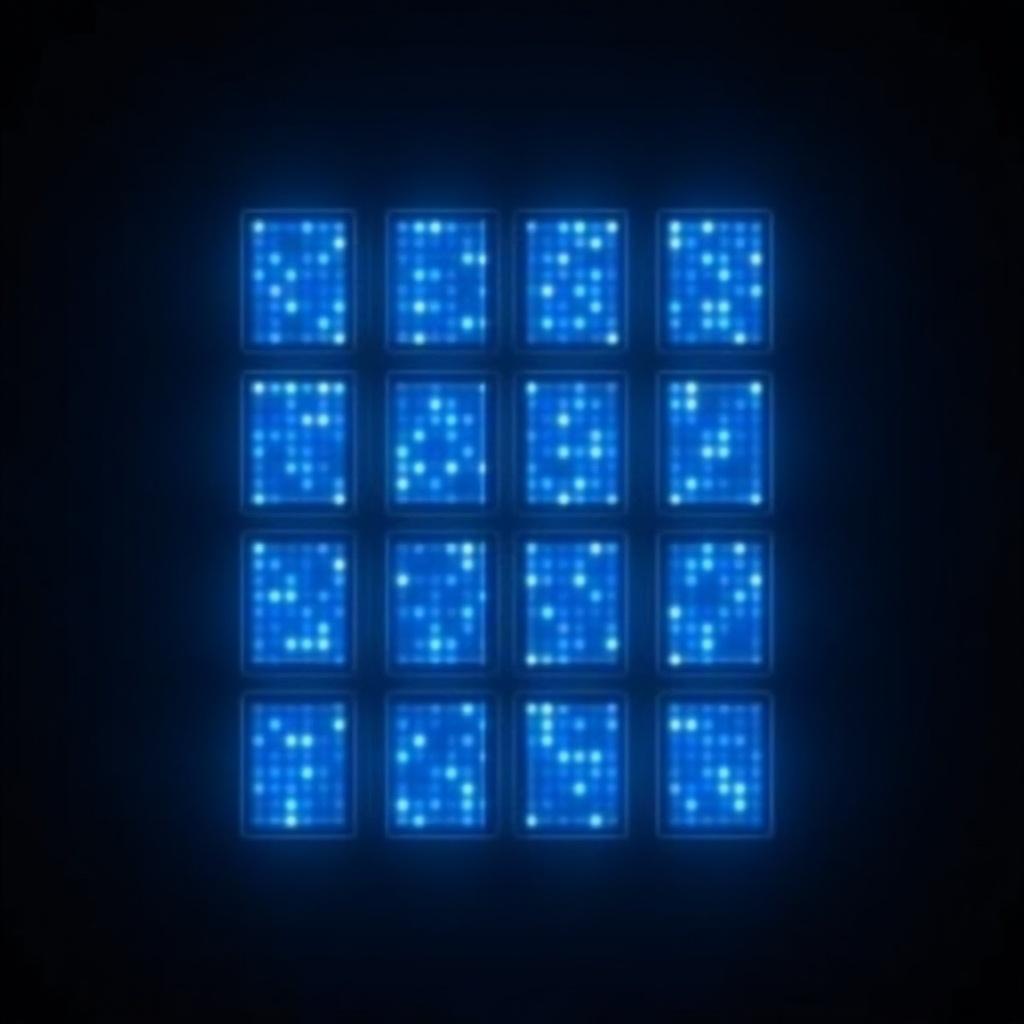 This image features a blue glowing grid that looks like a digital window against a dark background. The grid consists of multiple squares, each illuminated with bright blue lights. The overall appearance is sleek and modern, giving a futuristic vibe. This could be used for technology-themed projects or graphics. The contrast between the glowing blue squares and the dark background enhances the visual appeal.