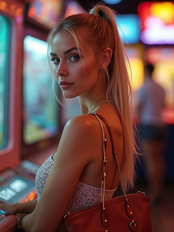 A woman with ponytail hairstyle playing games in an arcade. Image captured from a cell phone. She has slender waist and curves. Bright neon colors fill the background. Image has a pixelated, low-resolution look. The woman holds a purse while focused on the game.