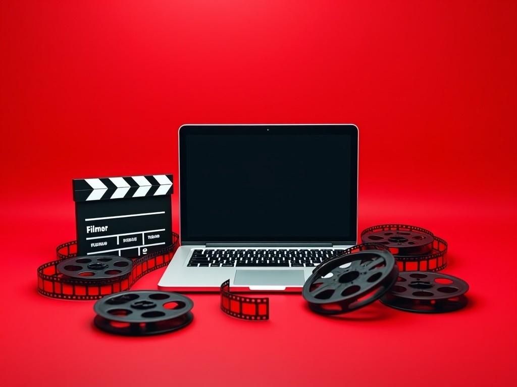 This image features a laptop prominently displayed in the center, surrounded by film reels and a clapperboard. The background is a vivid red, adding a dynamic feel to the composition. The laptop screen is blank, suggesting a potential for creativity and production. Film reels are scattered around, symbolizing the essence of filmmaking. The clapperboard signifies the action of filming, making it a perfect representation of the digital filmmaking process.