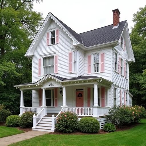 A white queen Anne Victorian house with a wrap around porch featuring gingerbread trim. The house has a light pink door and light pink shutters. There are light pink rose bushes around the property.