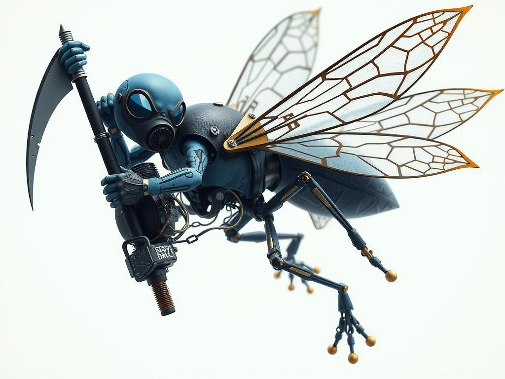 A steampunk robot bee wielding a scythe, showcasing intricate transparent wings and mechanical details.