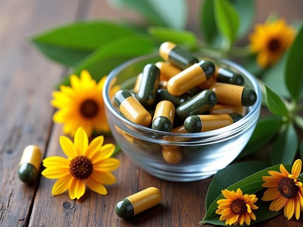 The image showcases a clear glass bowl filled with various herbal capsules. Next to the bowl, there are several vibrant flowers and green leaves scattered across a wooden surface. The capsules come in different colors, including shades of yellow, brown, green, and black, suggesting a blend of natural ingredients. The arrangement of flora adds a natural and organic feel to the composition. The overall tone of the image emphasizes health and wellness, linking herbal remedies with nature.