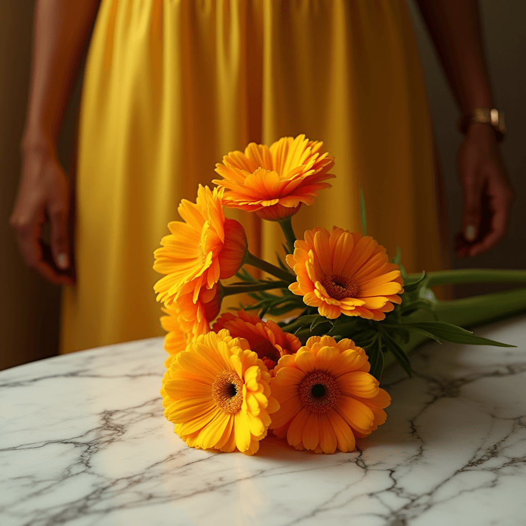 A bouquet of vibrant orange flowers lies on a marble table, with a figure clad in a yellow dress in the background.