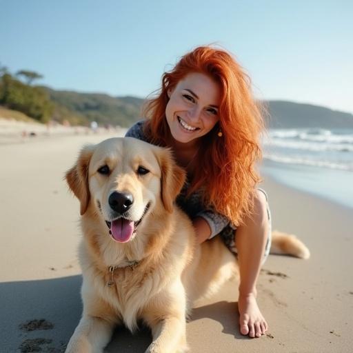 A redhead woman on the beach with her big dog sitting beside her. The sun is shining brightly. The mood is cheerful and relaxed.