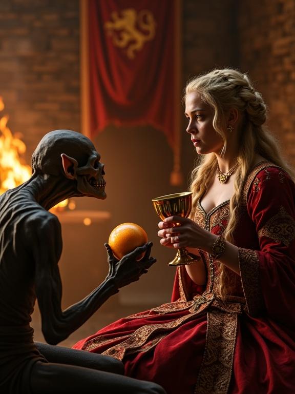 A woman with golden-blonde hair in a medieval gown holds a golden chalice. She scowls at a pale, skeletal creature holding a glowing sphere. The scene is in a dim chamber with crimson curtains and a lion banner. Candlelight flickers against stone walls, with a fire crackling in the background. A close-up shot with an atmospheric, photorealistic style.