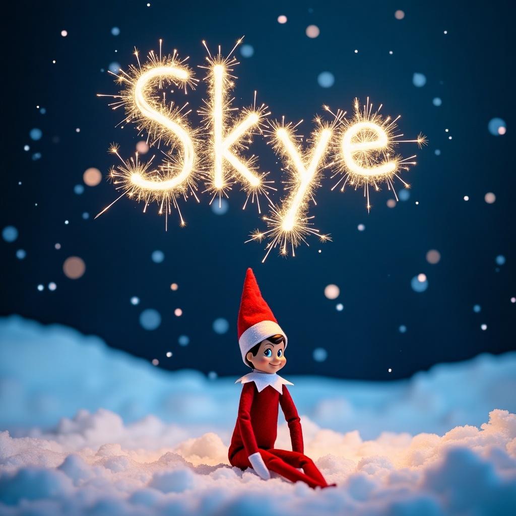 A snowy night scene featuring an Elf on the Shelf named Skye. The name Skye is spelled out in the sky using sparklers. The elf is sitting in the snow.