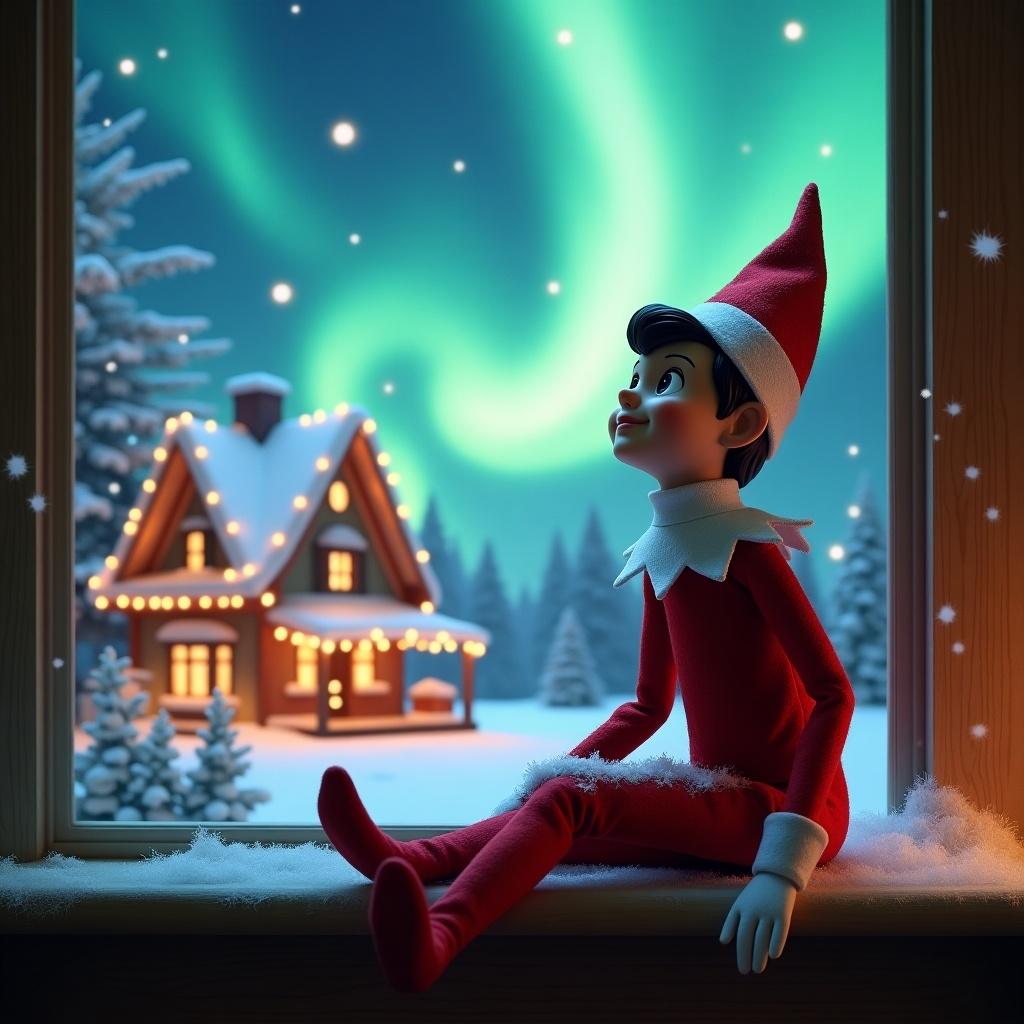 The image depicts an Elf on the Shelf, playfully sitting by a window. The elf, dressed in red and white, gazes skyward with a joyful expression. Outside the window, a charming Christmas scene unfolds, featuring a cozy house adorned with holiday lights. Above the house, vibrant northern lights swirl in the night sky, adding a magical touch. Snow blankets the ground, enhancing the winter atmosphere. The elf is in a playful position, capturing the spirit of holiday fun.