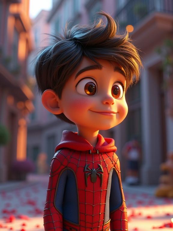 A 3D cartoon character with a cheerful expression. The setting includes a colorful environment with soft shadows and cinematic lighting. The character is in a relaxed pose, showcasing detailed facial features and styled hair.