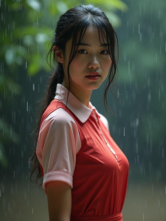 Vietnamese female teacher in Ao Dai caught in rain. Her uniform partially wet and clinging to skin. Cinematic contrast lighting highlights her beauty.