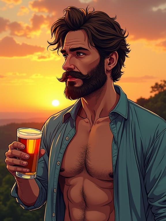 Hand-drawn image featuring a muscular man with beard and mustache. He wears an open shirt and holds a beer glass. The background shows a sunset with vibrant colors and flat shadows.