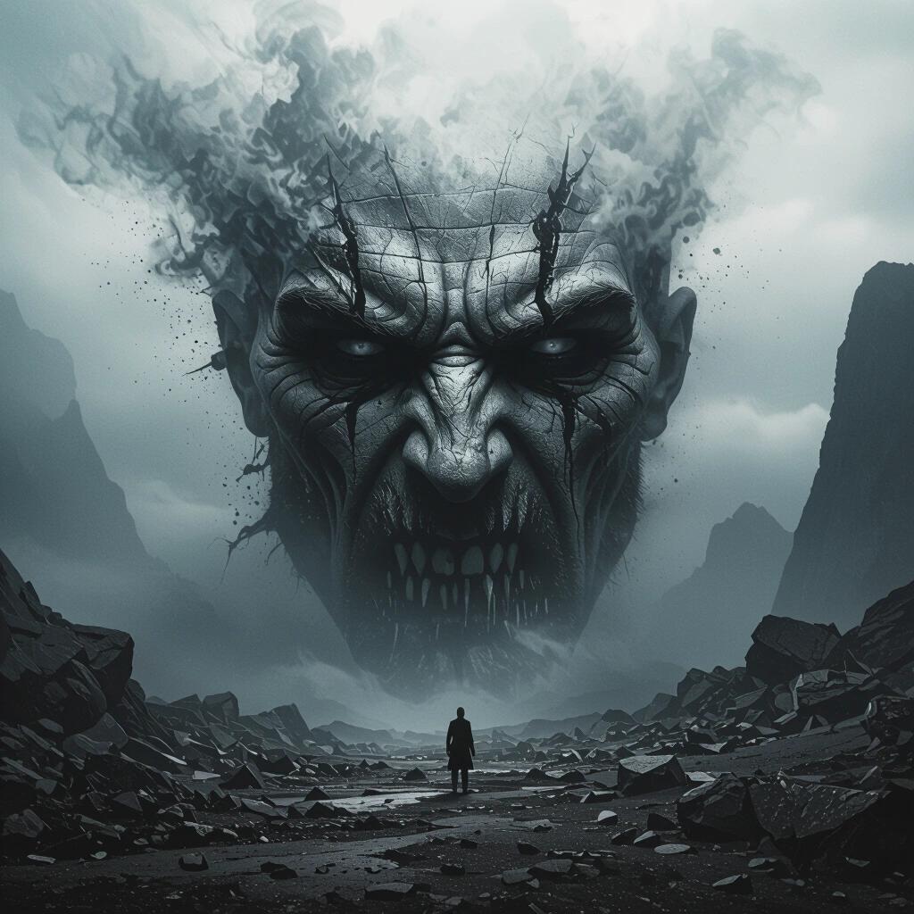 Rock album cover featuring an evil face in an epic dark scene. Contains a dramatic landscape filled with rocks.