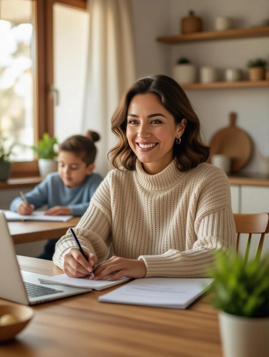 Mexican woman at kitchen table in casual clothing smiling as she takes notes during online Masterclass. Children in background, one drawing and another reading. Calm and focused expression. Set in natural morning light in a cozy home environment.