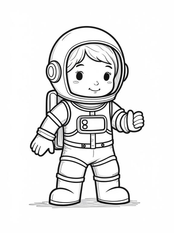 Drawing of an astronaut for children to color in a playful style. The character has a smiling face and wears a space suit with a helmet.