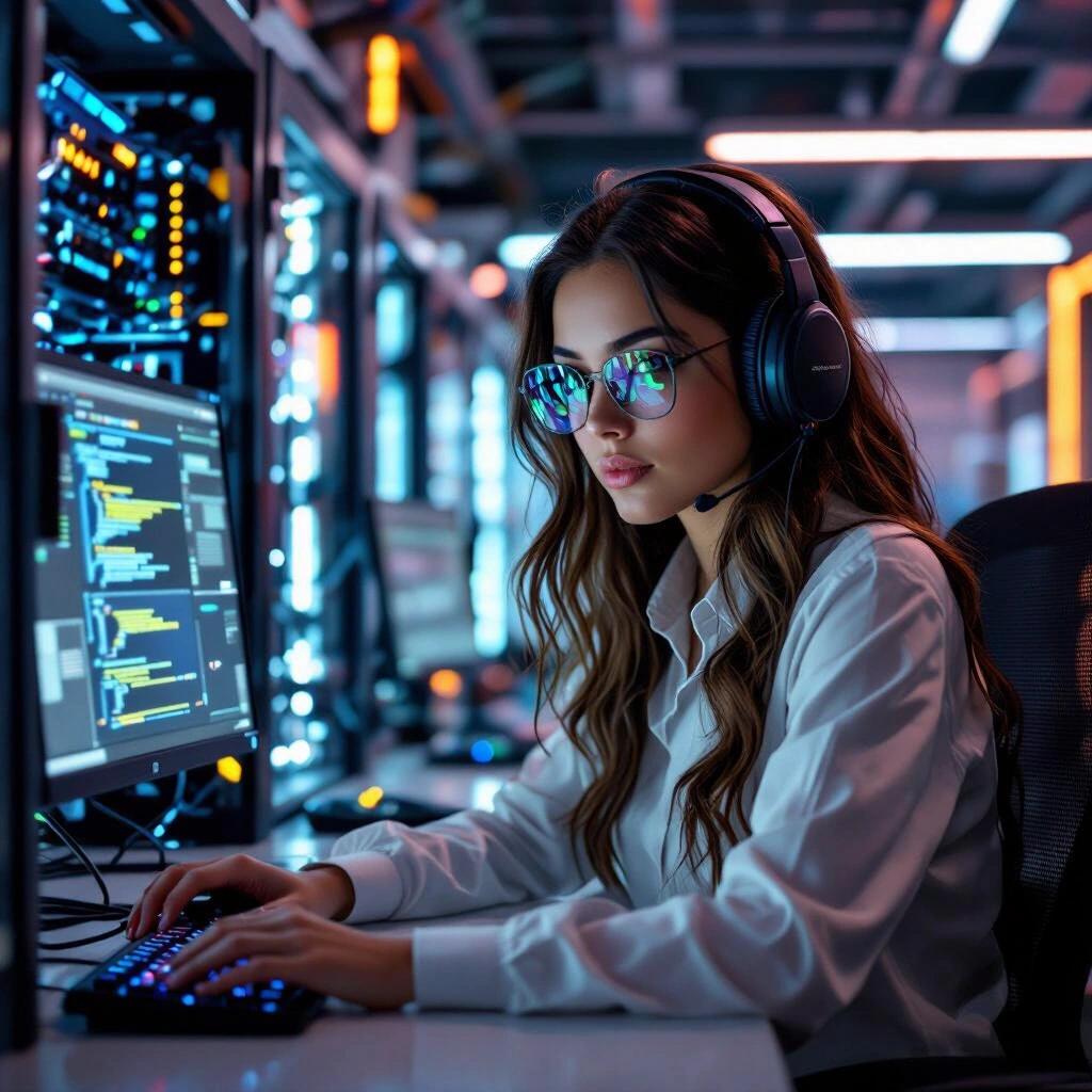 Classy hacker girl working in a high-tech server room. She's wearing headphones and stylish glasses, focused on her computer screen surrounded by servers.