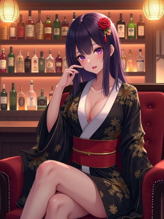 Anime-style woman sitting elegantly. She has dark violet hair with a flower ornament. Wearing a black and white kimono with a red obi belt. Relaxed pose with one leg crossed. Confident yet gentle expression with violet eyes and red lipstick. Background shows a cozy upscale bar with liquor bottles and warm lighting. Decorative lanterns and soft ambient atmosphere enhance the scene.