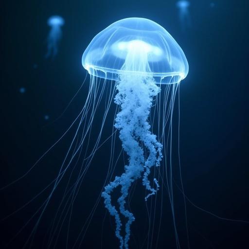 Glowing translucent Turritopsis dohrnii jellyfish floats in dark deep ocean. Ethereal light halo symbolizes immortality. Multiple life stages in faded spiraling background represent rebirth. Mysterious magical atmosphere.