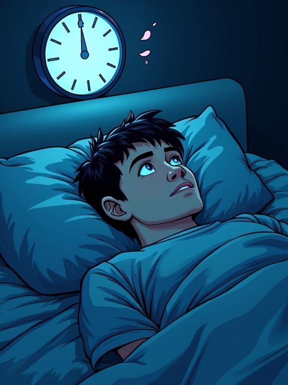 Person lying awake in bed. Looking at a glowing clock. Faint worry shapes floating around. Cool blue tones dominate the scene. Sharp outlines and textured shading are visible.