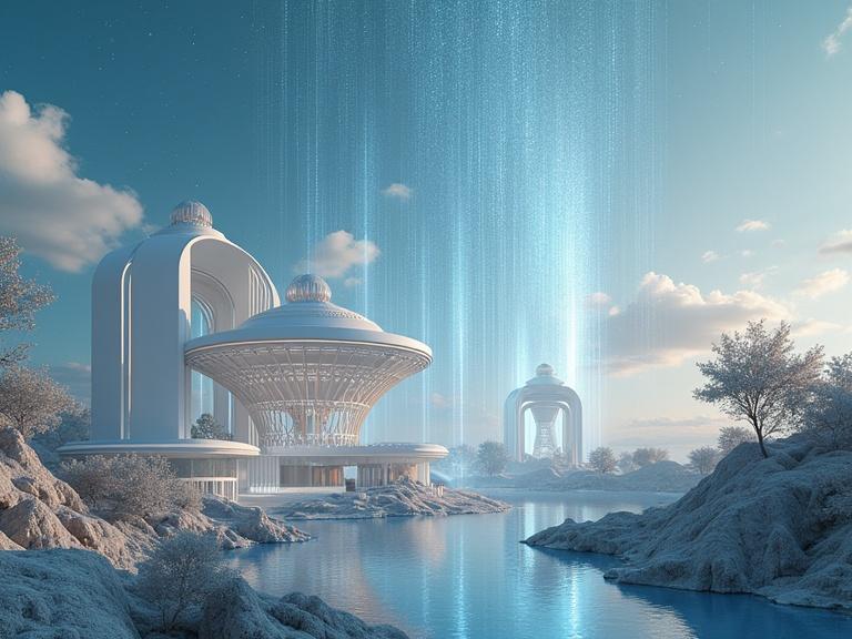 Surreal landscape features invisible networks like cloud computing nodes and blockchain ledgers as light grids. Below, 3D-printed pavilions and kinetic art sculptures pulse with geometry. Blending data with design creates a harmonious futuristic scene.