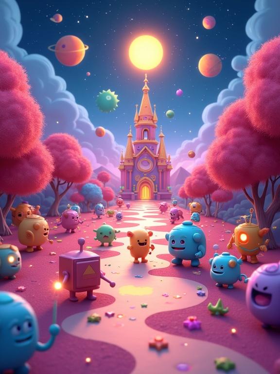 3D cartoon poster in a glowing fantasy world. Environment is soft and playful. Cartoon vitamin characters shaped like geometrical forms. Each holds a glowing magic wand. Cartoon cell-creatures with dull expressions. Some cells start to glow and transform after being touched by vitamins. Warm, soft lighting with sparkles. Vibrant illustration showcasing colorful monsters and robots. Towering building at the end of a pink tree-flanked path. Bright planets and sun in a starry night sky. Scene evokes nostalgia and fun.