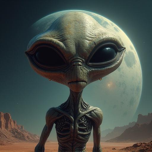 Alien figure from a distant planet with large eyes and a unique body structure. Background features a large moon and a barren landscape.