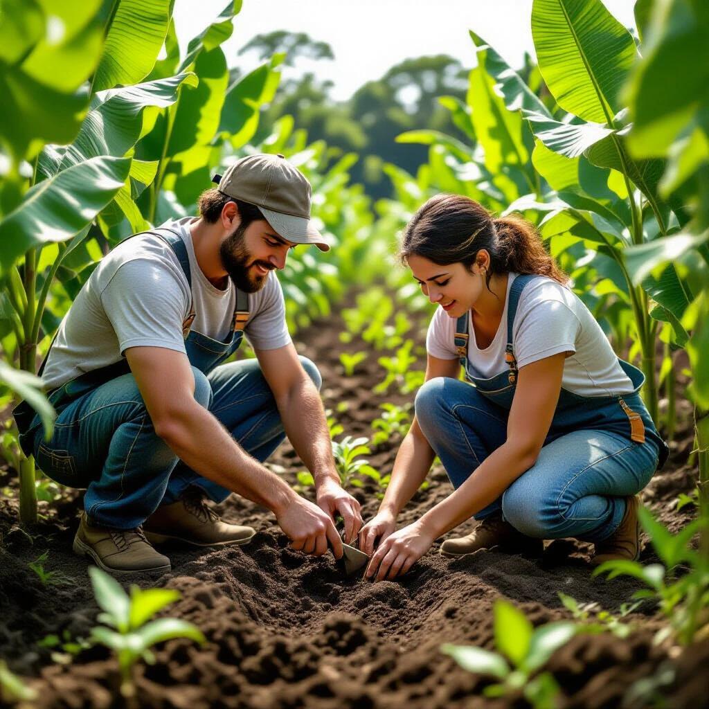 A pair of individuals engaged in planting activities in a farmland. They are working together with farming tools. Visible rows of young plants are evident in the background. The scene depicts organization and systematic cultivation practices.