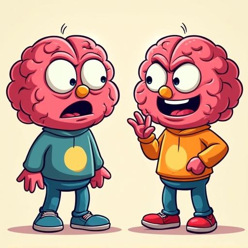 Cartoon brain character represents two emotions. First panel shows rejection with a no expression. Second panel depicts approval with a smile. Bright colors emphasize a playful vibe. Comic style brings energy.
