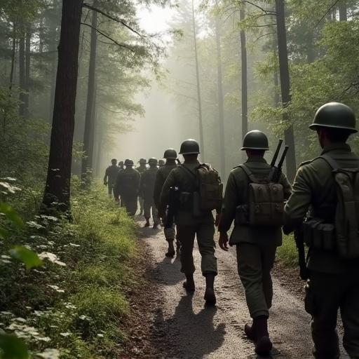 Troops marching in a line through a dense forest during World War 2. Soldiers wear helmets and carry equipment. Sunlight filters through the trees, creating a misty atmosphere.