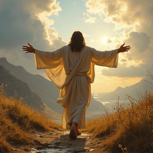 Jesus stands with arms wide open in a majestic landscape. A man of unkempt appearance walks towards him. The setting features stunning scenery with clouds and sunlight.