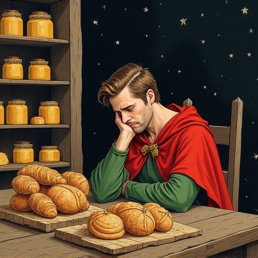 Medieval-style illustration of a man sitting at a wooden table. Table filled with pastries and bread. Man wears a red cloak and green tunic. He rests head on his hand. He looks bored or sad. Background has a dark starry wall. Shelves hold jars and cheeses. Stylized like illuminated manuscript art. Flat colors and hand-drawn texture.