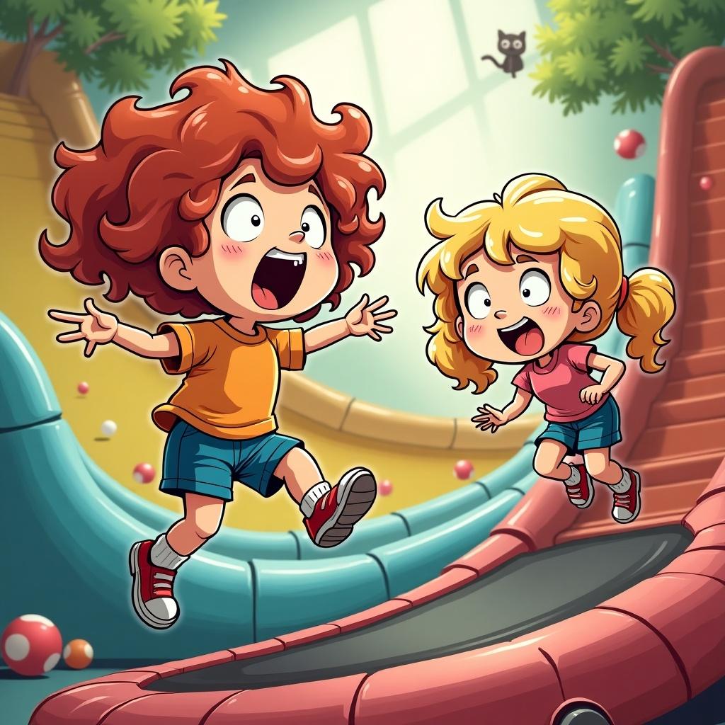 Comic dynamic illustration inspired by Dr. Slump. A little girl with curly red hair jumps happily on a trampoline with a hilarious expression. Her determined blonde sister slides down a colorful slide with a comical face. Indoor children's park setting filled with trampolines and colorful balls. Background includes humorous details like a curious cat. Lively and funny atmosphere with bright harmonious colors.