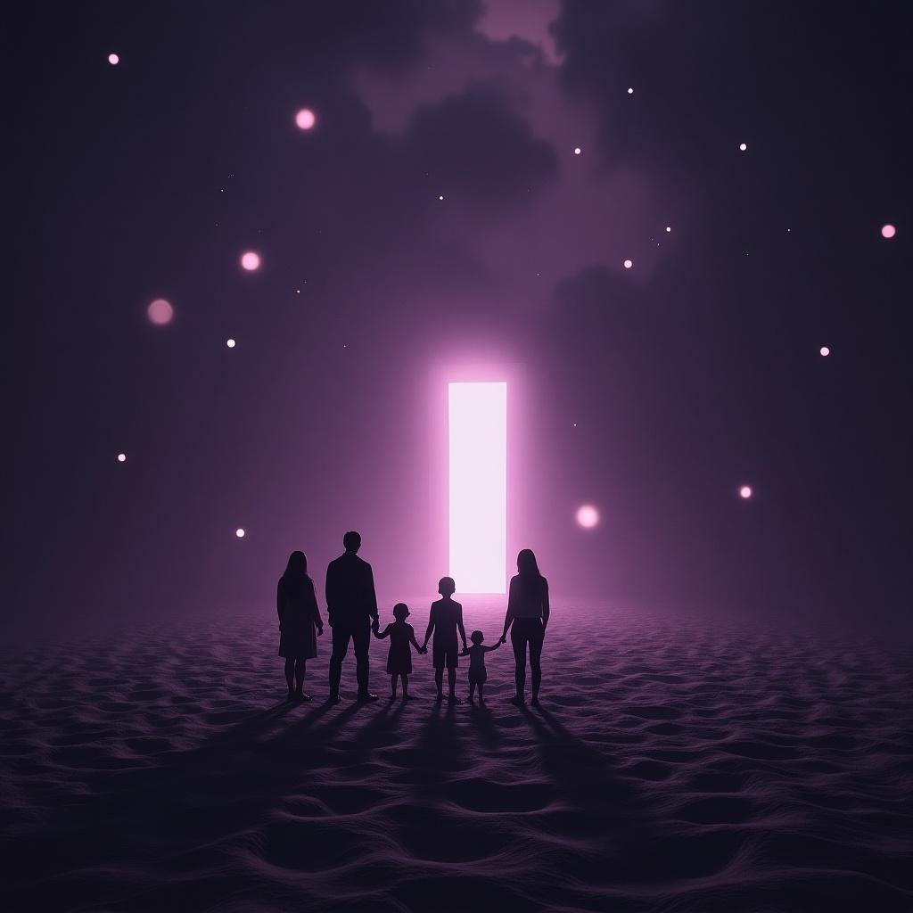 A surreal alien landscape unfolds under a dark purple sky filled with glowing shapes. The Johnson family stands silhouetted against a mysterious glowing doorway, casting long shadows on the soft, shifting sand beneath their feet. This otherworldly atmosphere is thick with tension and wonder, inviting contemplation of what lies beyond the door. As they gaze into the light, the scene balances feelings of awe and unease, suggesting a significant journey ahead. Floating orbs add to the surreal quality of the image, enhancing its dreamlike nature.