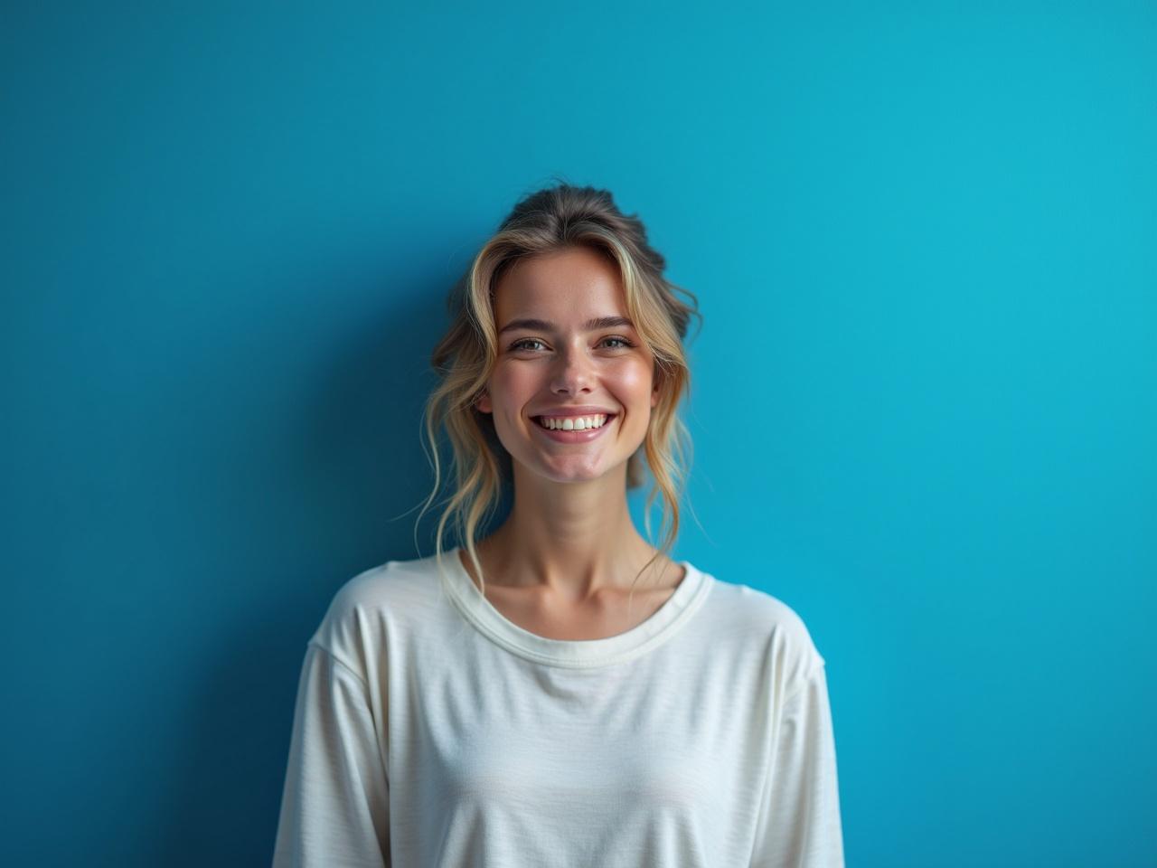 This image features a person against a vibrant blue background. The background is uniform and smooth, creating a nice contrast with the subject. The blue shade is a deep and rich tone, adding to the overall aesthetics of the image. For the edited version, the intention is to create a new image by keeping everything from the original, excluding the background, and placing it against a slightly lighter shade of blue. The final result should maintain the quality and details of the original while providing a fresh look with the altered background.