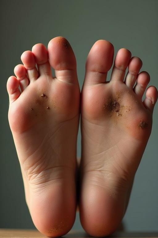 Image features teen soles that are dirty. Feet posed side by side with visible dirt. Captured in a natural indoor setting.