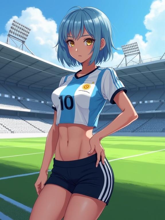 Digital anime illustration showcases a female character with light blue hair and golden eyes. She wears a form-fitting Argentine National soccer jersey and black shorts. Character poses flirtatiously in a professional stadium with a green pitch. Soft shadows emphasize her curves against a detailed background. High-quality digital art with crisp linework and cel-shaded rendering.