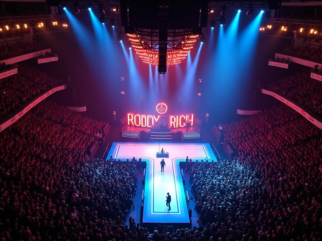 This image captures the spectacular concert of Roddy Rich at Madison Square Garden. The view is from above, showcasing the unique T-shaped stage and the captivated audience. Bright blue and red lights flood the stage and audience, creating an electrifying atmosphere. The large sign featuring 'RODDY RICH' is illuminated, adding to the excitement of the event. The entire venue is filled with fans, highlighting the artist's popularity and the concert's energy.