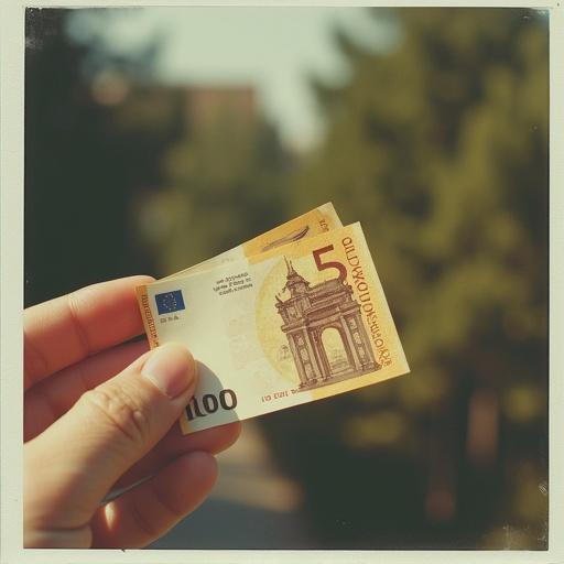Medium quality low resolution photo of hand holding five euro banknote outdoors. Blurred nature background. Interesting lighting in a candid Kodak style from the 90s.