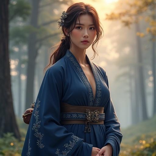 A 25-year-old female named Clarisse. She wears a deep indigo kimono with silver embroidery. Her medium-length chestnut brown hair is wavy and side-swept. She carries a lacquered yumi bow and trap pouch. The background is a misty forest at dawn with soft sunlight.