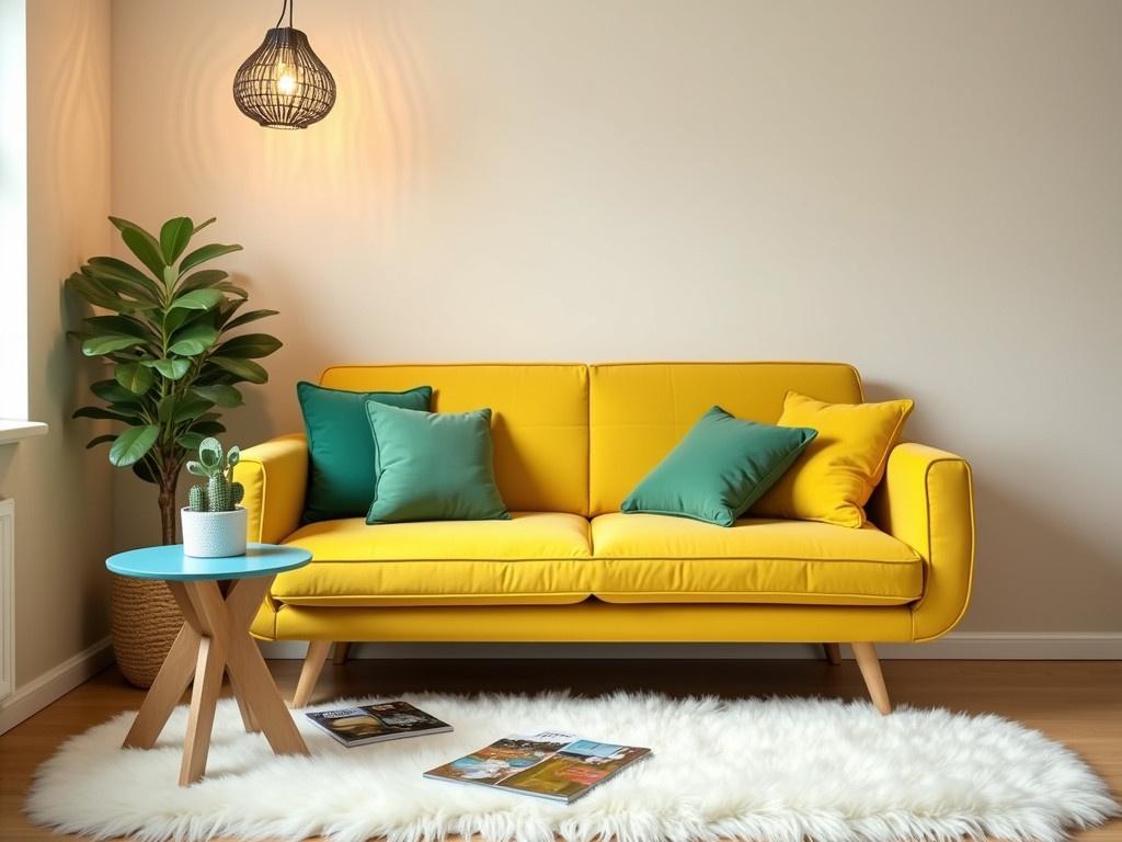 This image showcases a cozy living room corner featuring a modern yellow sofa. The sofa has green accent pillows, adding a pop of color and comfort. In front of the sofa, there is a small round blue coffee table with a cute cactus plant on it. A stylish, unique pendant light hangs above the sofa, providing warm lighting. The floor is covered with a fluffy white rug, creating a warm, inviting atmosphere. The walls are a simple neutral color, enhancing the cheerful look of the space. A few scattered magazines lay on the rug, suggesting a laid-back vibe. This entire setup creates a perfect space for relaxation and enjoyment.