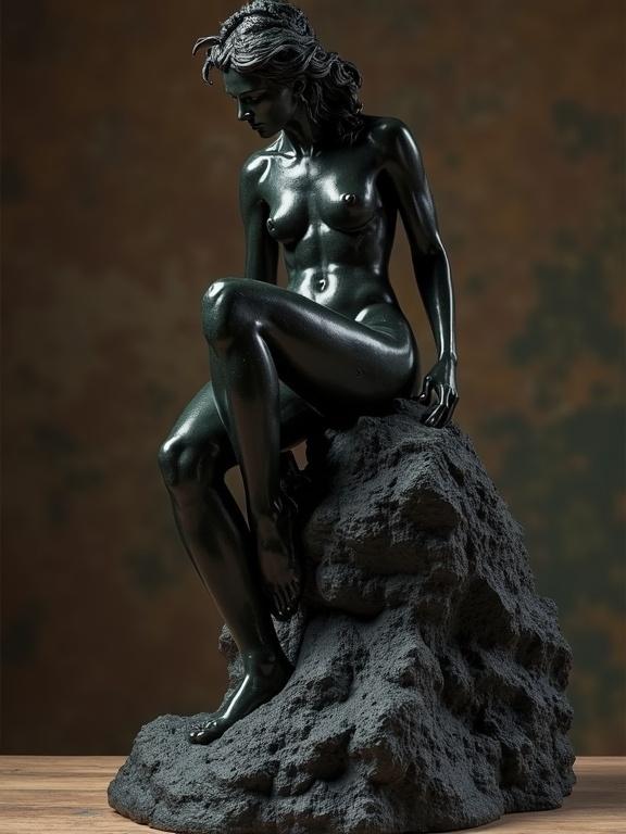 Rodin sculpture depicting a nude goddess on a textured black lava base. The artwork exudes a mysterious atmosphere with gritty details. Fantasy art style.