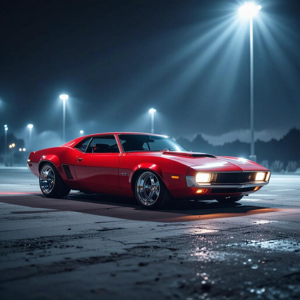A parked angular red concept futuristic funny car. Scene captured at night. Very dark with epic scenery and god rays.