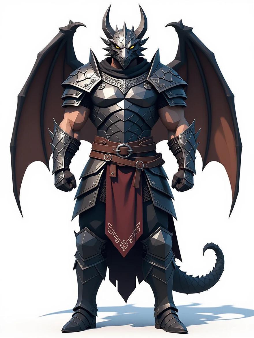 Low-poly 3D character design of medieval warrior. Dark dragon-scale armor covers chest, shoulders, and legs. Strong physique. Solid white background. Standing in a T-pose.