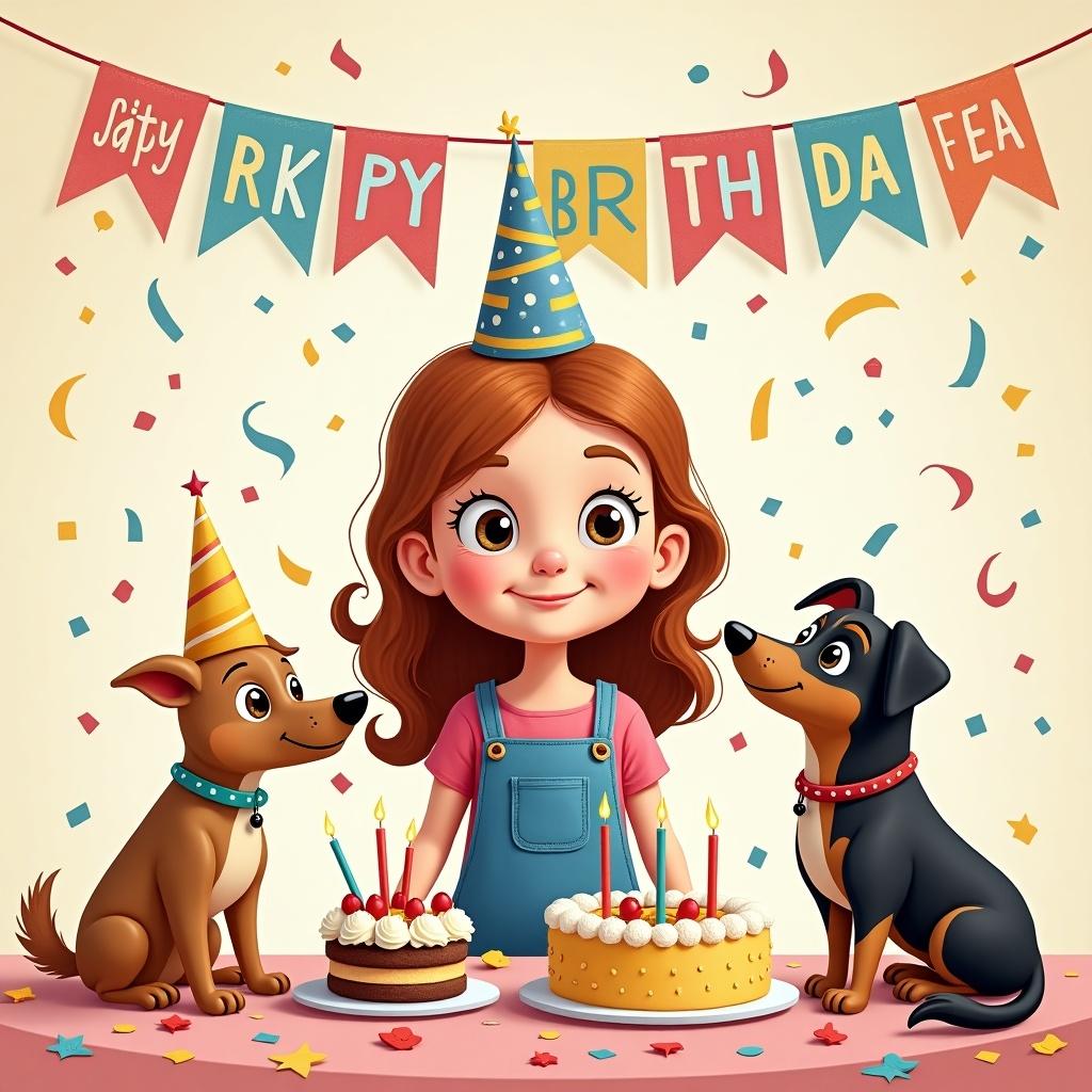 Image of a joyful birthday celebration with a young girl and two dogs. Birthday cakes with candles on a table. Colorful decorations and confetti surround the scene. The girl has a bright smile wearing a birthday hat. Illustrates happiness and fun.