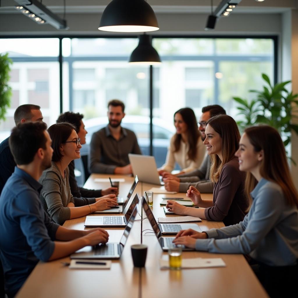 Diverse group of adults collaborating in a modern business environment. The atmosphere is professional and inviting, with a focus on teamwork.