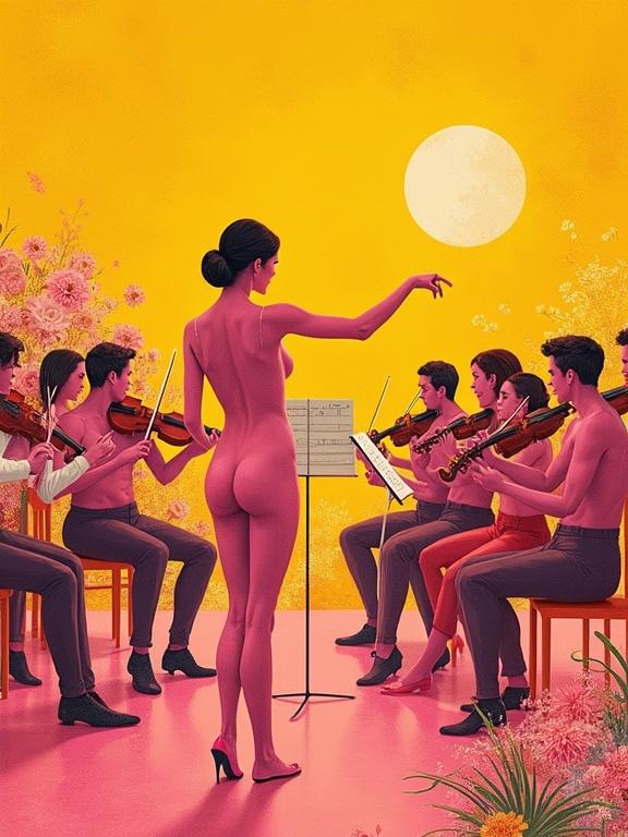 A scene depicting a nude figure conducting an orchestra. The orchestra consists of musicians playing limbs as instruments. The background features pointillist pinks with vibrant yellow elements. Emphasizes a fusion of figures and landscapes in harmony. Decorative floral elements are present. A surreal, artistic representation highlighting rhythm and beauty in music.