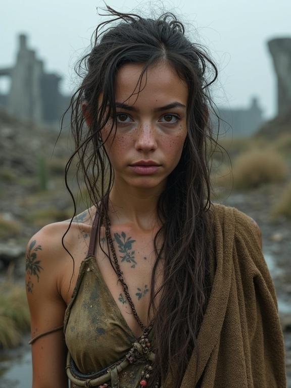 Highly detailed portrait of a young huntress in a post-apocalyptic setting. Shows facial expressions shaped by hardship. Features dirty skin, tribal tattoos, and handmade clothing from scavenged materials. Tattered cloak drapes over shoulders. Background of ruined city and overcast sky creates a moody atmosphere.