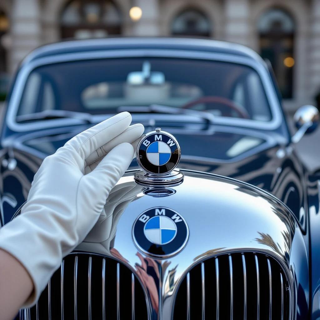 Scene features the BMW emblem worship on a 1936 BMW 328. The logo is polished chrome. Glove hand is close to the emblem. Background is blurred with a golden hour sunlight. The focus is on the emblem and details of the glove.