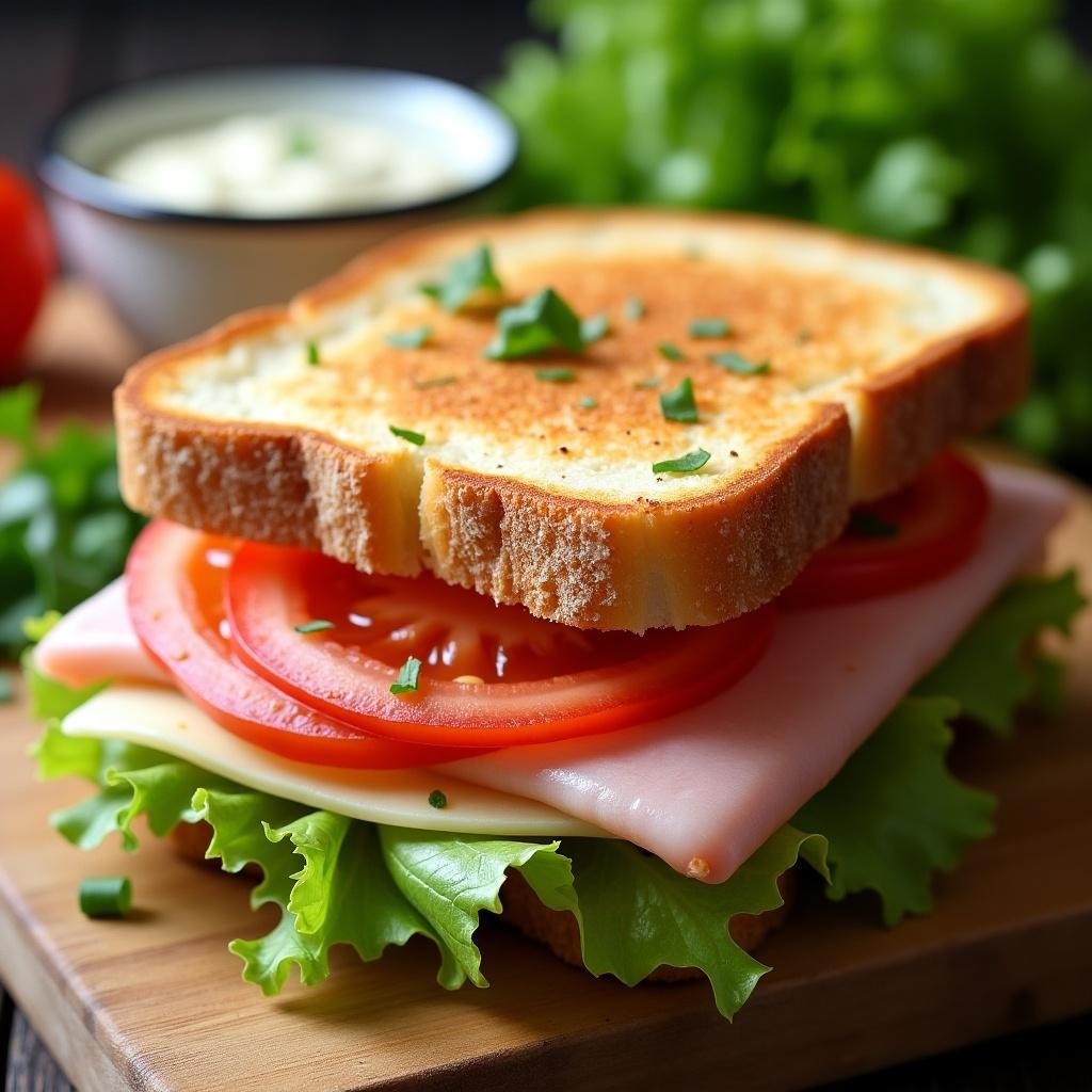 Delicious ham and white cheese toast sandwich layered with iceberg lettuce and ripe tomato slices. Toasted to a golden brown crust and placed on a wooden cutting board. Background features a dipping sauce and green herbs. Vibrant colors make it look appetizing, ideal for lunch or a snack.