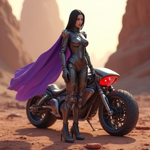 High quality sci-fi 3D rendering of a female figure in a post-apocalyptic landscape. She has sleek dark hair and wears a form-fitting metallic bodysuit. A flowing purple cape billows behind her. A futuristic vehicle stands beside her. The background shows reddish-brown rock formations with warm sunlight casting shadows.