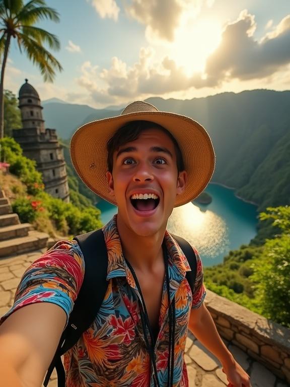 Close-up selfie of a young adult in tacky tourist attire. Hawaiian shirt and mismatched shorts. Oversized sun hat at an awkward angle. Enthusiastic expression. Harsh flash lighting washing out details. Background features awe-inspiring landscape with ancient ruins and sparkling river. Golden-hour sunlight and lush greenery create contrast with amateurish selfie. No depth of field or bokeh.