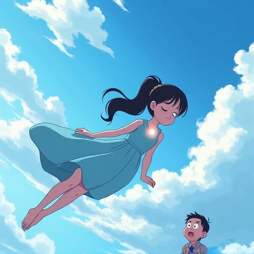 Image depicts Sheeta with black hair in double ponytail floating horizontally in a light blue dress with a glowing pendant at chest against a bright cloudy sky. Below, Pazu looks up surprised holding a small bag.